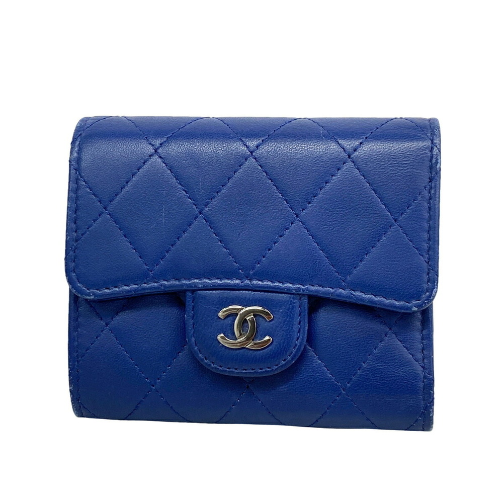 Chanel Tri-fold Wallet, Matelassé Lambskin, Blue, Women's, OP018782